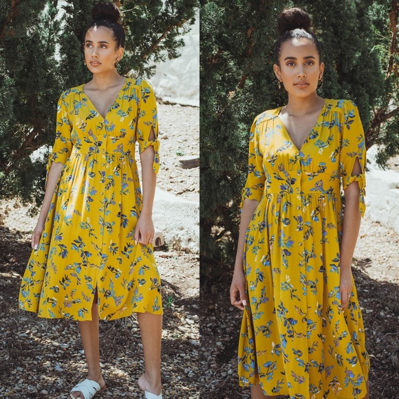 Mallory Button Down Midi Dress - Mustard - Picture 1 of 8
